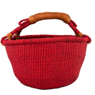 Großer Bolga Rundkorb Korb Original Afrika Ghana Einkaufskorb Ledergriff Rot