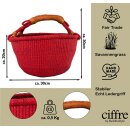 Großer Bolga Rundkorb Korb Original Afrika Ghana Einkaufskorb Ledergriff Rot